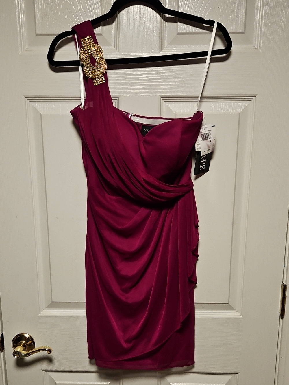 Xscape One-Shoulder Drape Cocktail Dress with Embellished Strap